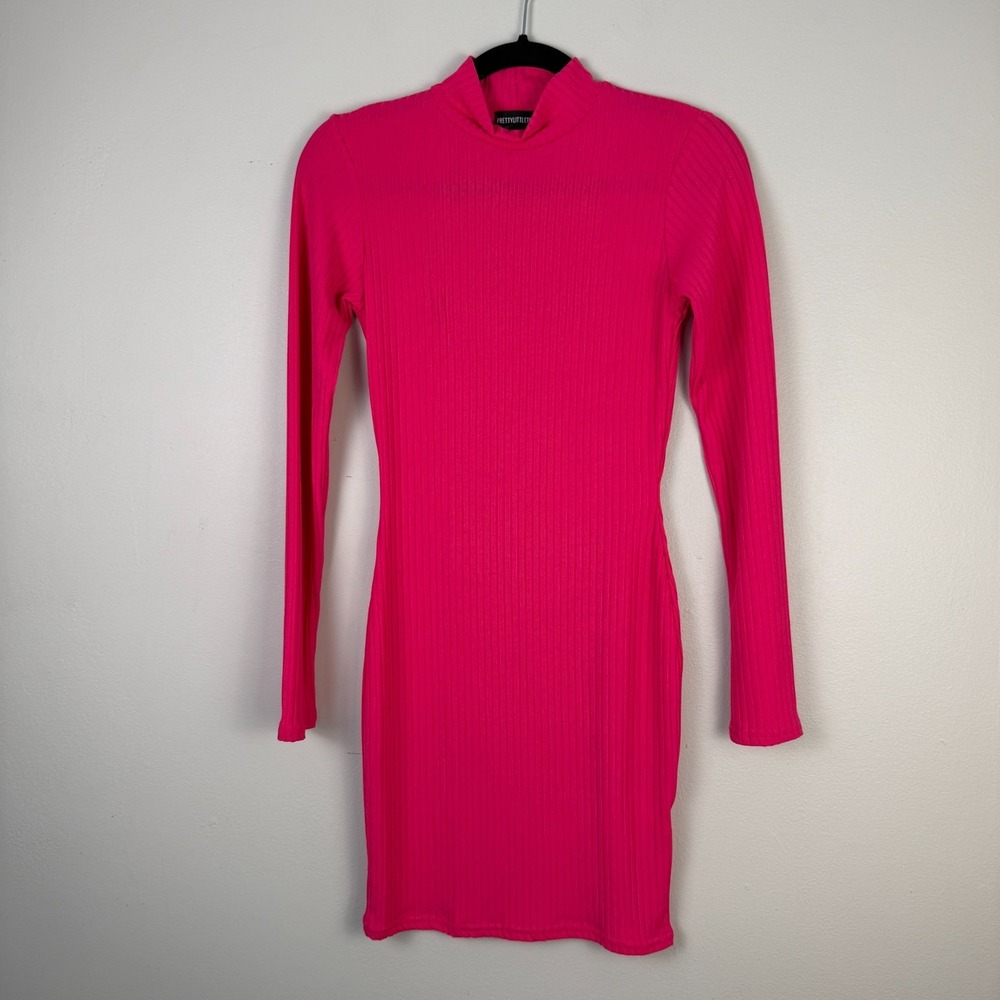 PrettyLittleThing Mini Dress Women's 8 Pink Ribbed Knit Mock Neck Long Sleeve